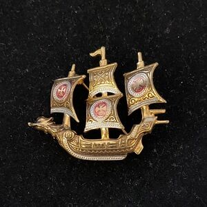 Spanish Galleon Gold and Red Ship Brooch from Spain